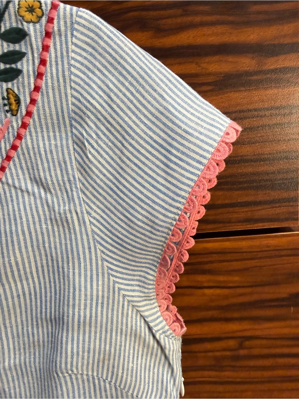 Boden White & Blue Pinstripe Mini Dress with Pink, Green & Yellow Embroidery - Picture 4 of 5